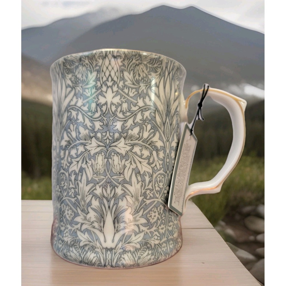 NEW Morris & Co. Fine China Ceramic  MUG GRAY Florals Pattern‎ GOLD Rim